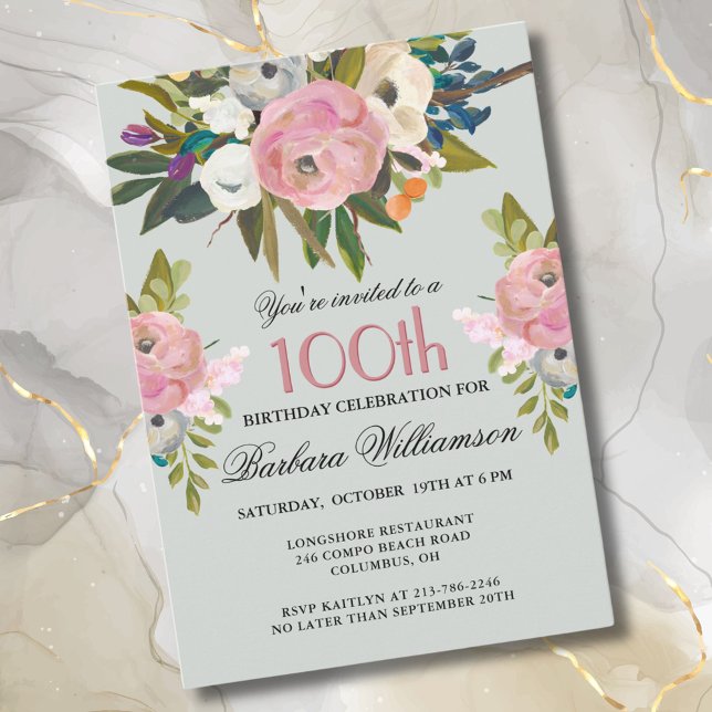 Elegant Handpainted Floral 100th Birthday Party  Invitation (Creator Uploaded)