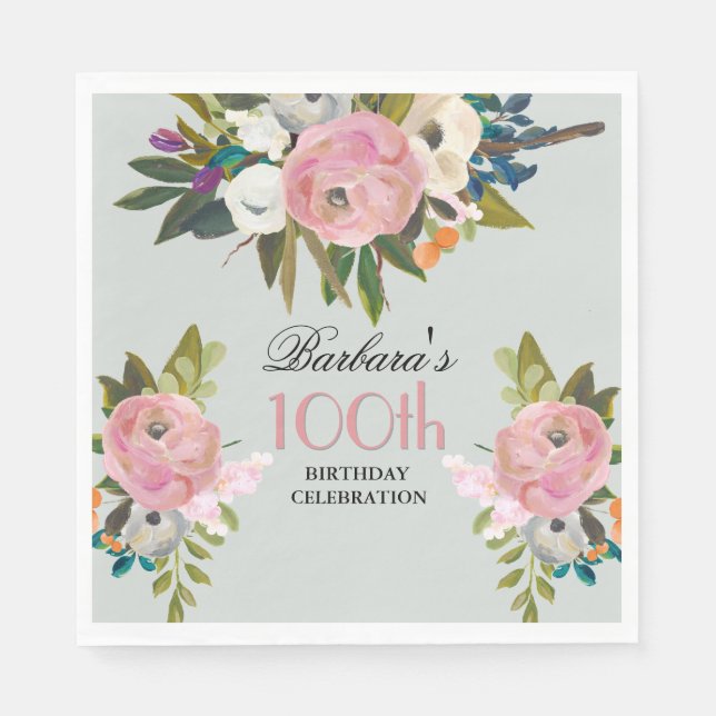 Elegant Handpainted Floral 100th Birthday Party  Napkin (Front)