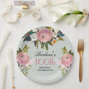 Elegant Handpainted Floral 100th Birthday Party Paper Plate