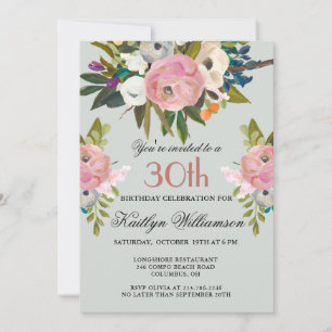 Elegant Handpainted Floral 30th Birthday Party Invitation