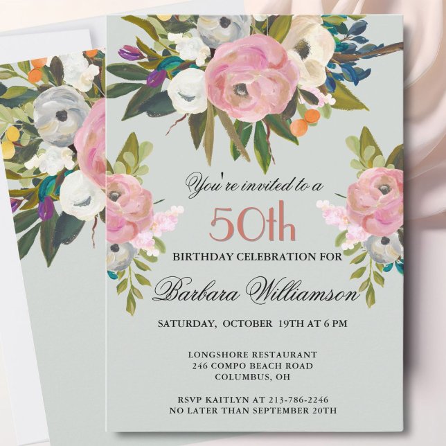 Elegant Handpainted Floral 50th Birthday Party  Invitation (Creator Uploaded)