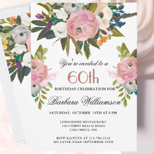 Elegant Handpainted Floral 60th Birthday Party  Invitation