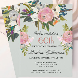 Elegant Handpainted Floral 60th Birthday Party  Invitation