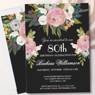 *Elegant Handpainted Floral 80th Birthday Party Invitation