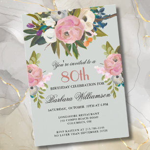 Elegant Handpainted Floral 80th Birthday Party  Invitation