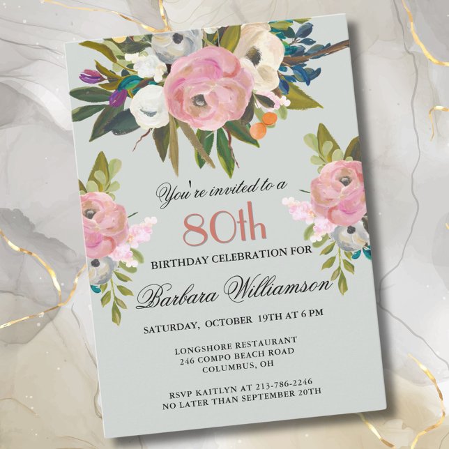 Elegant Handpainted Floral 80th Birthday Party  Invitation (Creator Uploaded)