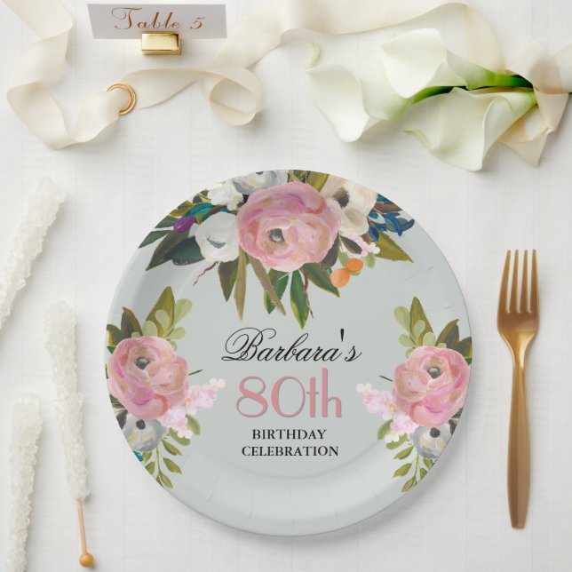 Elegant Handpainted Floral 80th Birthday Party  Paper Plate (Wedding)