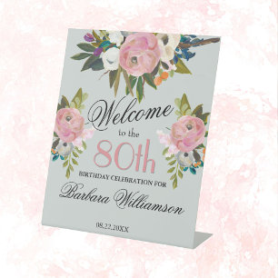 Elegant Handpainted Floral 80th Birthday Welcome Pedestal Sign