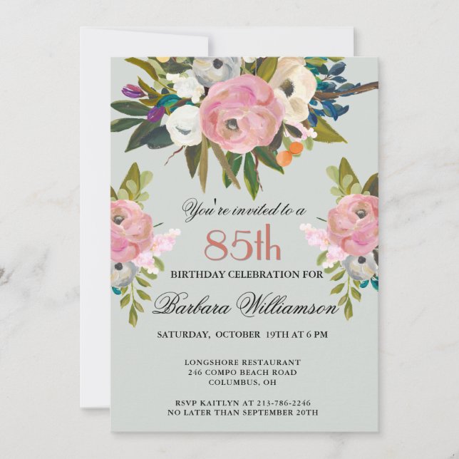 Elegant Handpainted Floral 85th Birthday Party  Invitation (Front)