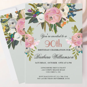 Elegant Handpainted Floral 90th Birthday Party Invitation