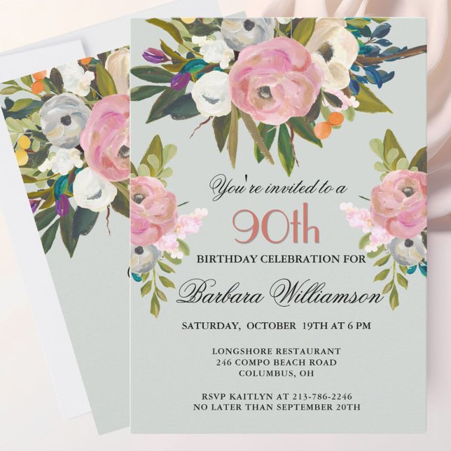 Elegant Handpainted Floral 90th Birthday Party  Invitation (Creator Uploaded)