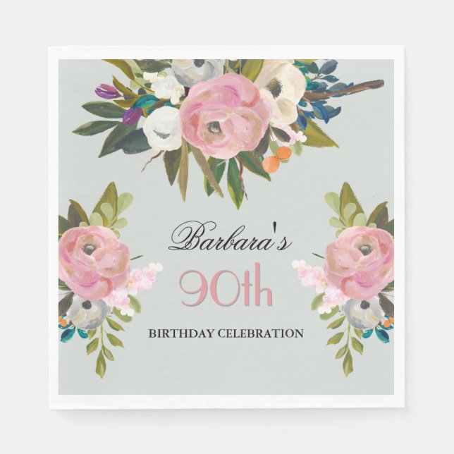 Elegant Handpainted Floral 90th Birthday Party  Napkin (Front)