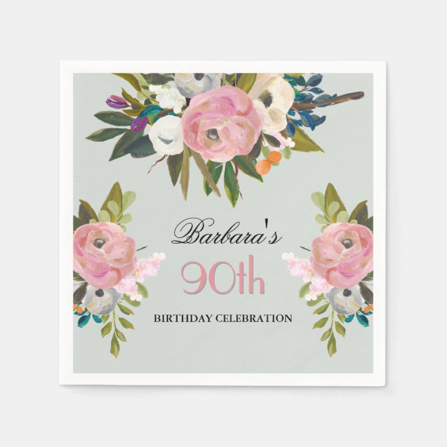 Elegant Handpainted Floral 90th Birthday Party  Napkin (Front)