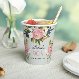 Elegant Handpainted Floral 90th Birthday Party Paper Cups