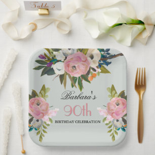 Elegant Handpainted Floral 90th Birthday Party  Paper Plate