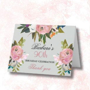 Elegant Handpainted Floral 90th Birthday Party  Thank You Card