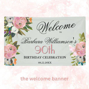Elegant Handpainted Floral 90th Birthday Welcome  Banner