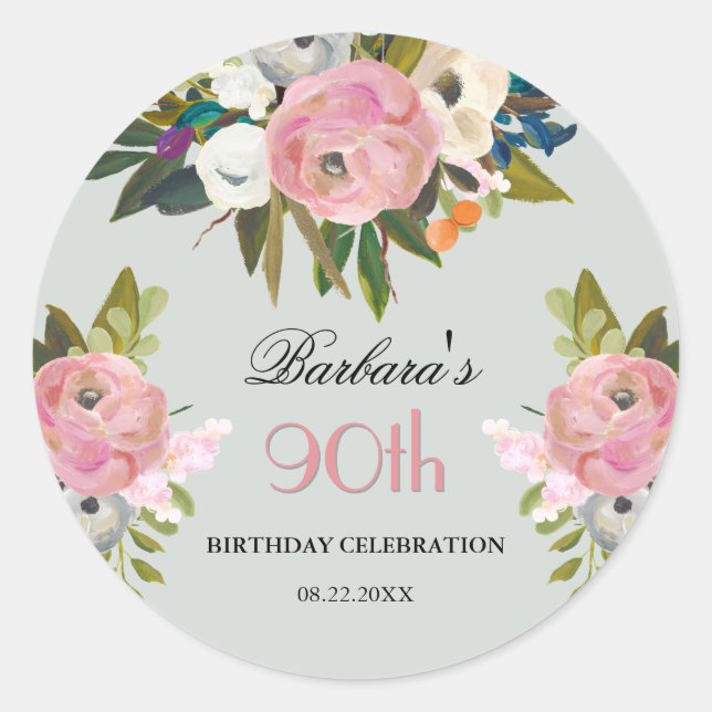 Elegant Handpainted Floral 90th Birthday Welcome Classic Round Sticker (Front)