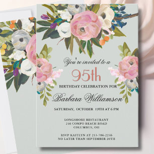 Elegant Handpainted Floral 95th Birthday Party Invitation