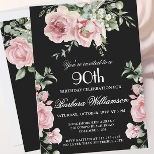 Elegant Handpainted Roses  90th Birthday Party  Invitation