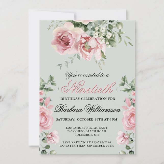 Elegant Handpainted Roses 90th Birthday Party  Invitation (Front)