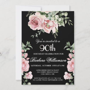 Elegant Handpainted Roses  90th Birthday Party  Invitation