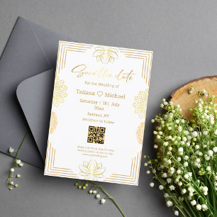elegant handwriting indian gold geometric qr code save the date