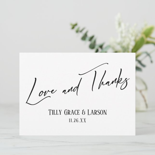 Elegant Handwriting Love and Thanks Black & White Thank You Card (Standing Front)
