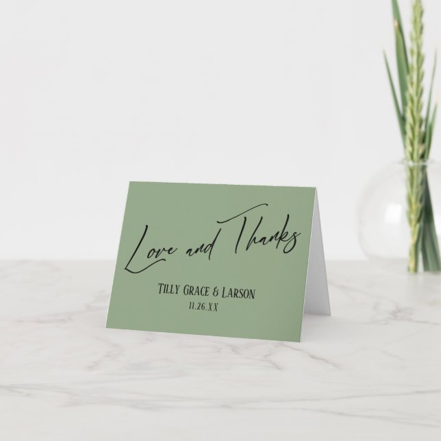 Elegant Handwriting Love and Thanks Sage Green Thank You Card (Front)