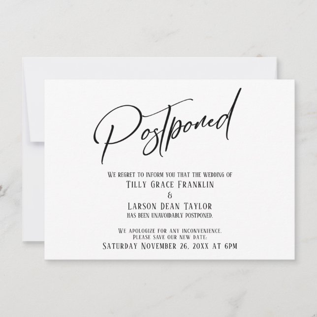 Elegant Handwriting Postponed Wedding Simple Card (Front)