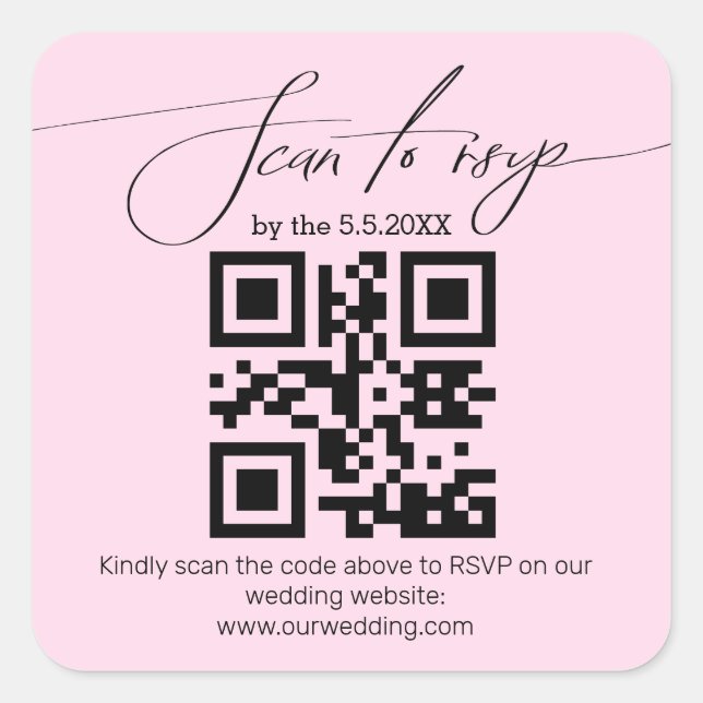 elegant handwriting rsvp qr code wedding  pink square sticker (Front)