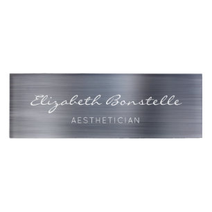 Elegant Handwriting Script Silver Brushed Metal Name Tag