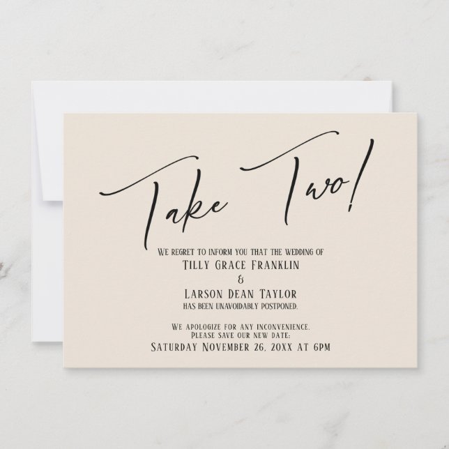Elegant Handwriting Take Two Wedding Delay Cream I Invitation (Front)