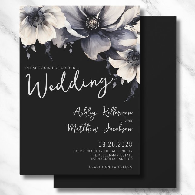 Elegant Handwritten Boho Floral Black Wedding Invitation (Modern Elegant Script Floral Black White Wedding Invitation)