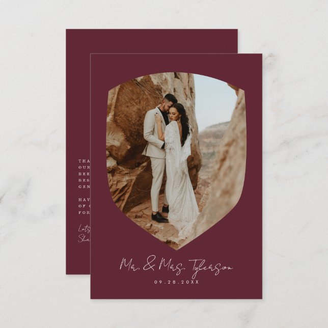 Elegant Handwritten Burgundy Photo Wedding   Thank You Card (Front/Back)