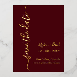 Elegant Handwritten Burgundy Save the Date    Foil Invitation Postcard