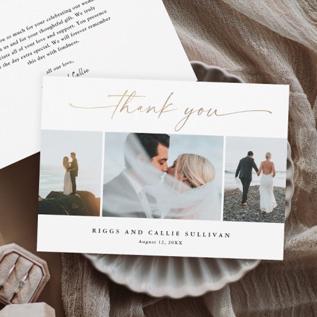 Elegant Handwritten Gold Script Wedding Photo  Thank You Card (Elegant handwritten gold script wedding photo thank you cards.)