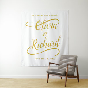 Elegant Handwritten Gold Swash Calligraphy Wedding Tapestry