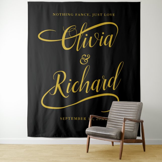 Elegant Handwritten Gold Swash Calligraphy Wedding Tapestry (In Situ)