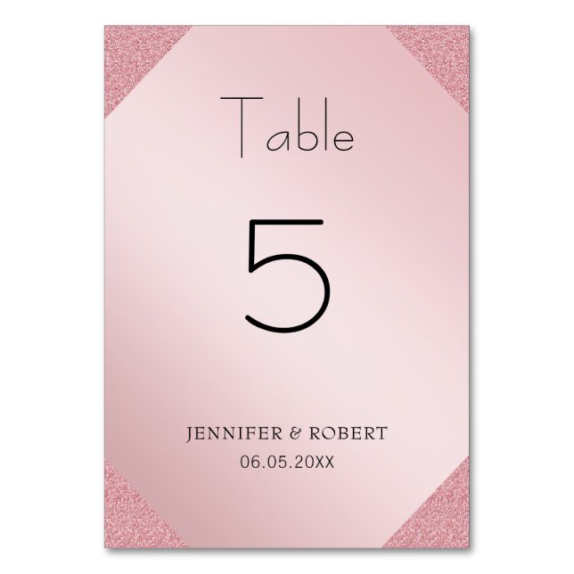 Elegant Handwritten Script Rose Gold Glitter Table Number (Front)