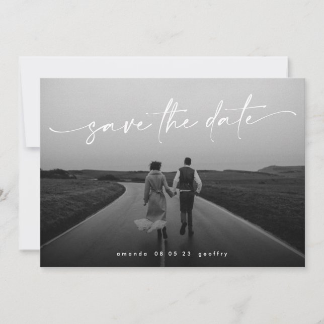 Elegant Handwritten Script White Overlay Photo Save The Date (Front)