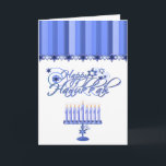 Elegant Hanukkah Greeting Card<br><div class="desc">Elegant Hanukkah greeting card, with lovely graphics of a blue menorah, at the bottom of the card and fancy graphic text reading Happy Hanukkah, in the middle. A blue striped pattern at the top has a blue star border. Inside greeting in blue script text is customisable to read anything you...</div>