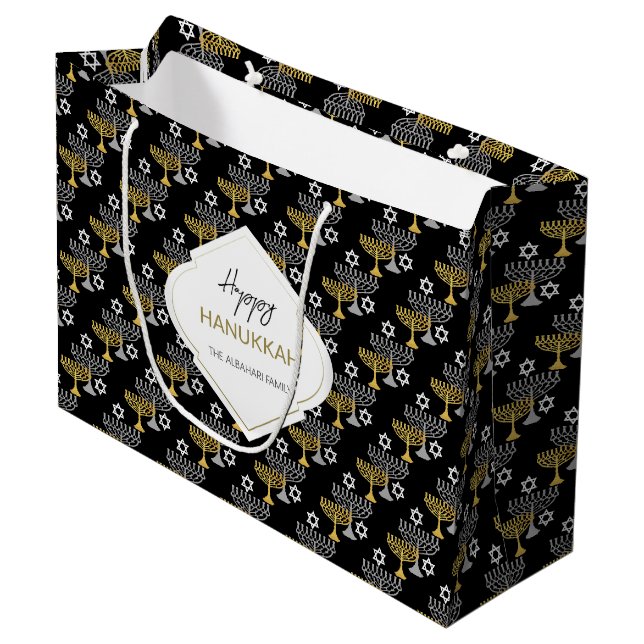Elegant Hanukkah Holiday Pattern Gold Large Gift Bag (Front Angled)