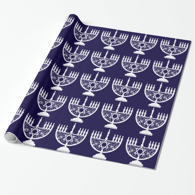 Elegant Hanukkah Menorah with Floral Star of David Wrapping Paper (Unrolled)