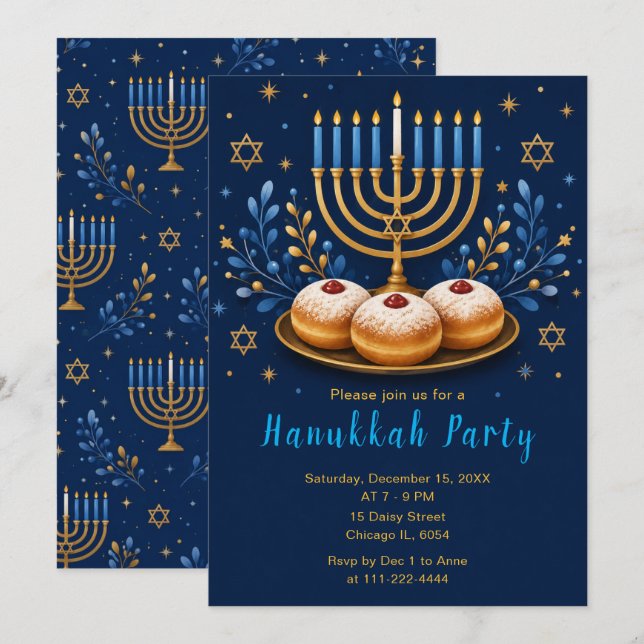 Elegant Hanukkah Party Invitation (Front/Back)