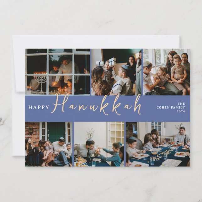 Elegant Hanukkah Typography Blue family photo Holiday Card (Front)