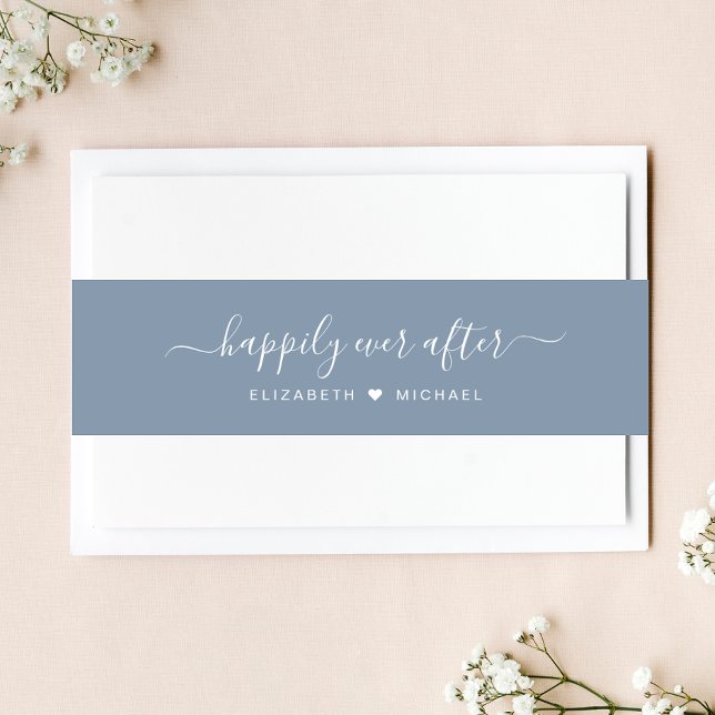 Elegant Happily Ever After Dusty Blue Wedding Invitation Belly Band (Creator Uploaded)