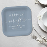 Elegant Happily Ever After Dusty Blue Wedding Paper Plate<br><div class="desc">Elegant dusty blue paper plates for your wedding reception,  engagement parties,  rehearsal dinner,  couples showers and other wedding celebrations featuring "Happily Ever After" in simple white typography and a chic white script with swashes,  your first names joined by a heart and your wedding date.</div>