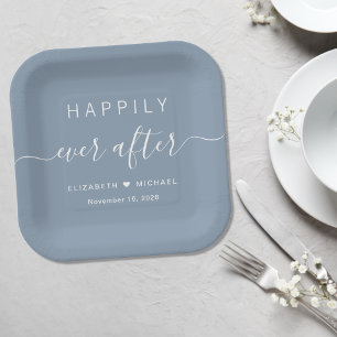 Elegant Happily Ever After Dusty Blue Wedding Paper Plate