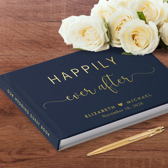 Elegant Happily Ever After Photo Blue Wedding Guest Book (Creator Uploaded)